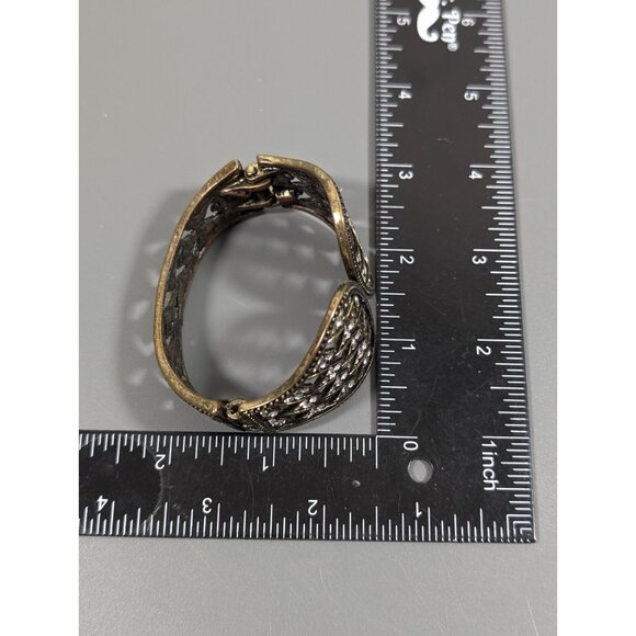 Bronze tone Art Deco Rhinestone Fan Wide Hinge Cuff Bracelet Statement 6" - Picture 7 of 8